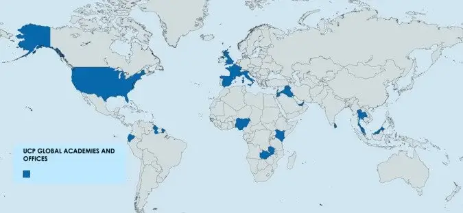 Map showing active global missions of UCP Group Academy.