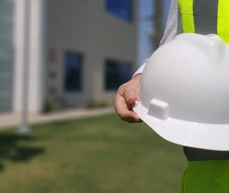 Man holding a safety helmet emphasizing workplace health and safety measures
